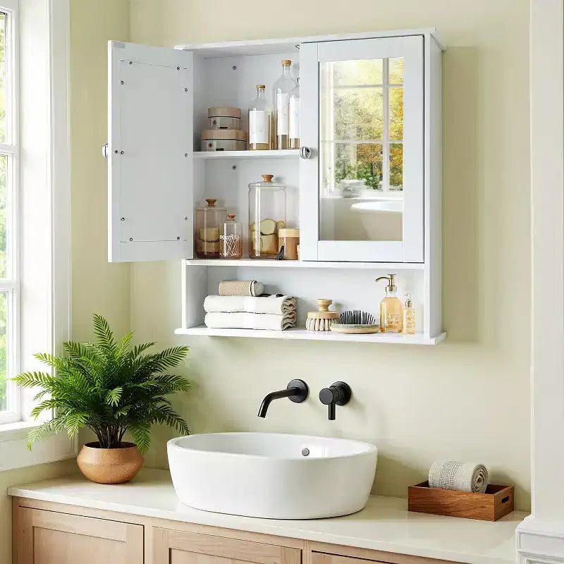 Wall-Mounted Bathroom Cabinet with 2 Mirrored Doors & Adjustable Shelf, White