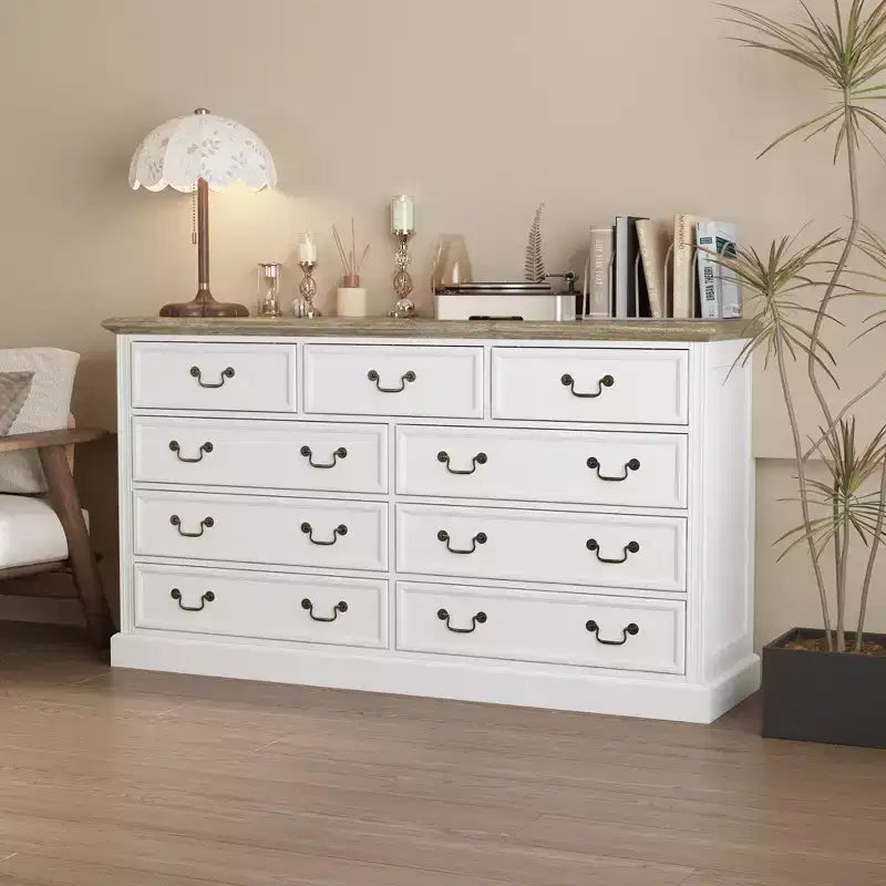 White 9-Drawer Dresser with Antique Brass Handles and Rustic Top
