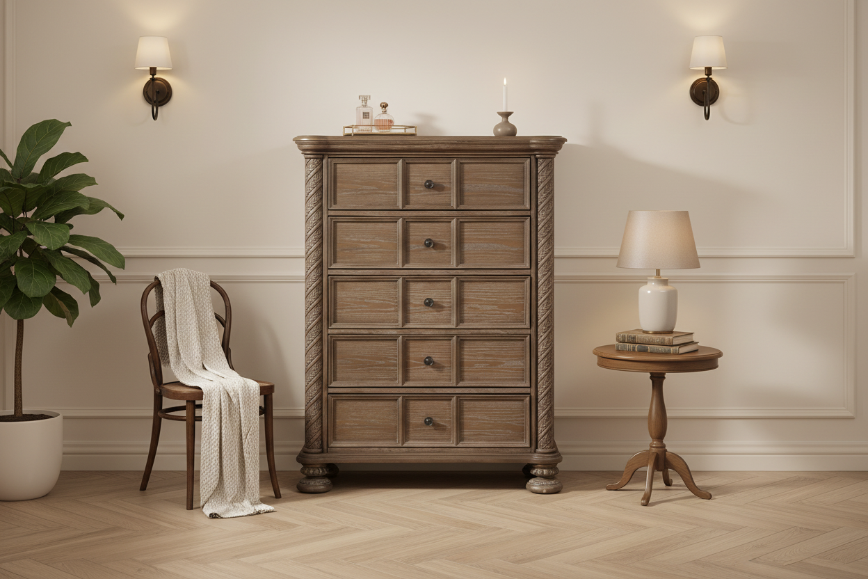 39-Inch Tall 5-Drawer Dresser Chest with Bun Feet �C Oak Brown Classic Style