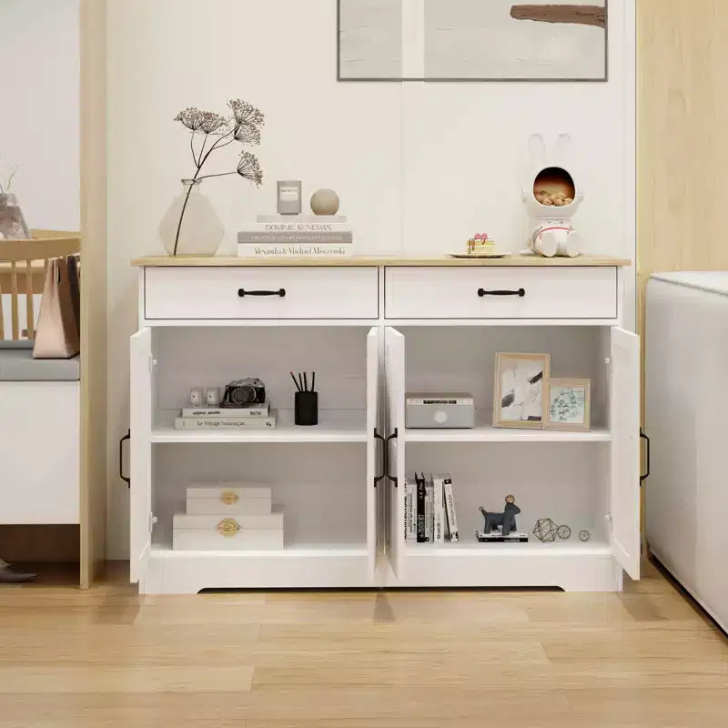 MAYEERTY White 47.95 Farmhouse Buffet Cabinet, 2 Drawers 4 Doors Storage Sideboard for Dining Room