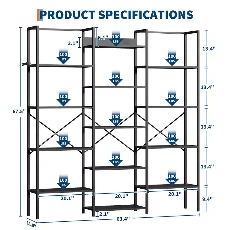 5-Tier Industrial Bookcase with 14 Open Shelves, 63.4W