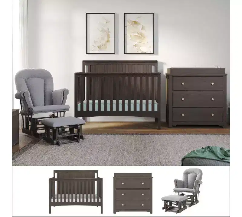Child Craft Scout 3-Piece Nursery Set with 4-in-1 Convertible Crib, Dresser with Changing Table Topper, and Cozy Glider