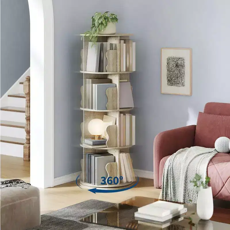 4-Tier Rotating Bookshelf Tower, 360° Spinning Corner Bookcase Storage Rack for Small Spaces