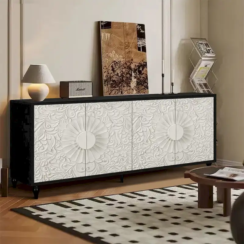 Vintage White Sideboard with Faceted Carved Doors