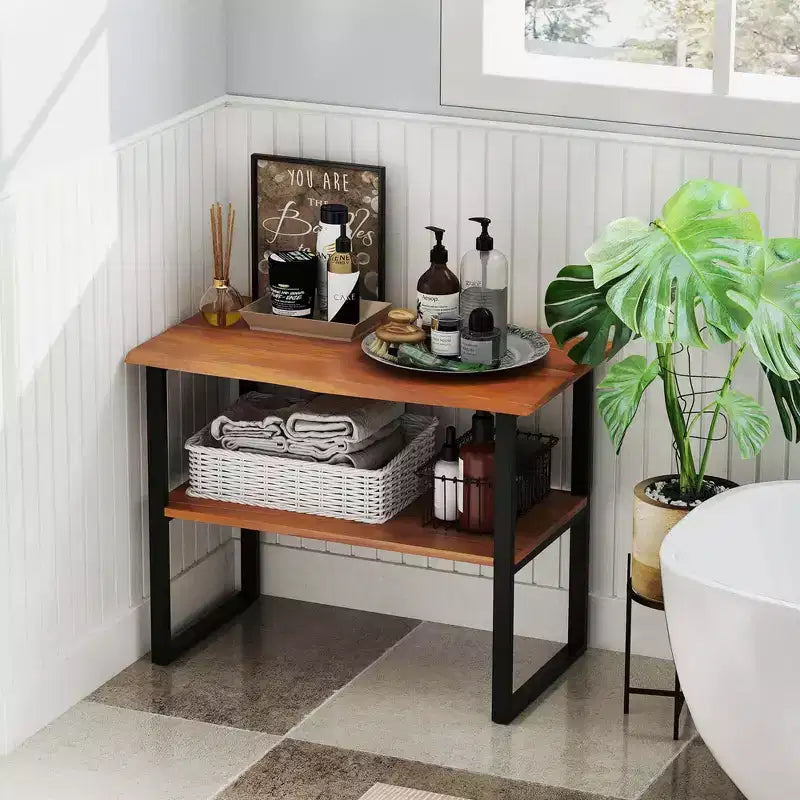 Costway 2-Tier Teak Bathroom Storage Shelf Freestanding Wooden Bookshelf for Living Room