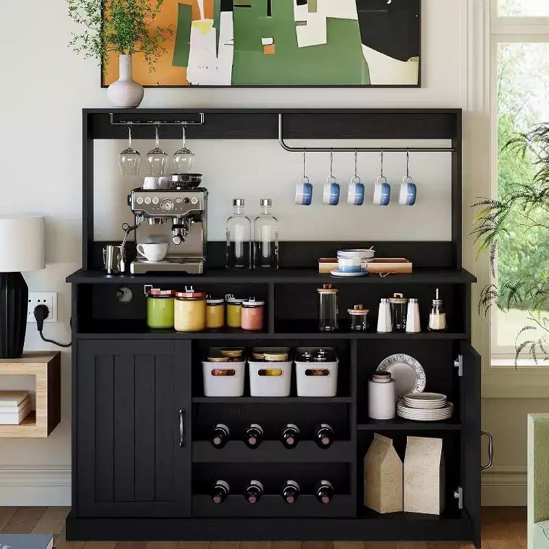 Acekool 47 Farmhouse Coffee Bar Cabinet, Rustic Grey Buffet Table with Wine Rack & Adjustable Shelves for Kitchen, Dining Room