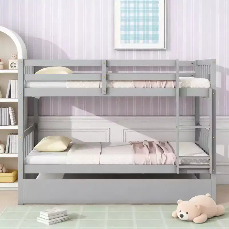 Twin Over Twin Modern Wood Bunk Bed with Trundle, Convertible into 2 Beds