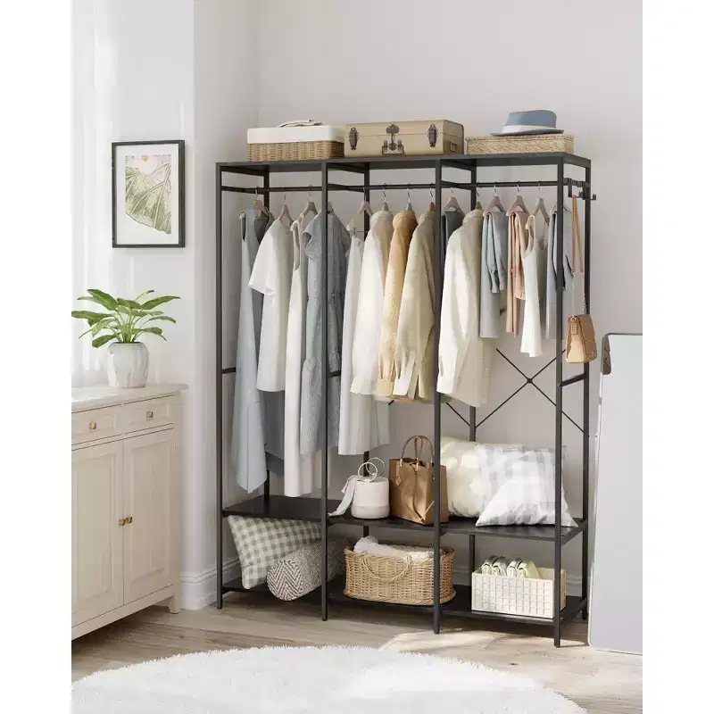 Iron and Wood Wardrobe Closet Organizer, Heavy Duty Garment Rack with Hanging Rods