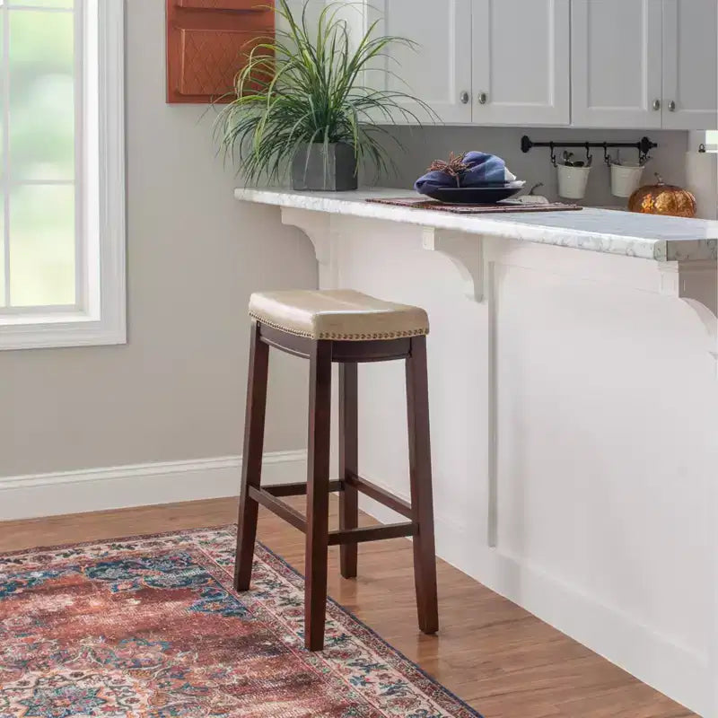 Set of 2 Faux Leather Barstools - Armless, Backless with Footrest, Fixed Height
