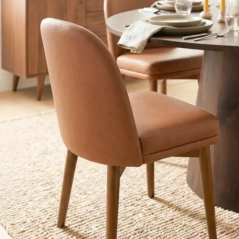 5-Piece Round Dining Set, 46 Walnut-Tone Pedestal Table and Brown Faux Leather Dining Chairs with Solid Wood Legs for Dining Room Use-Panipeachy