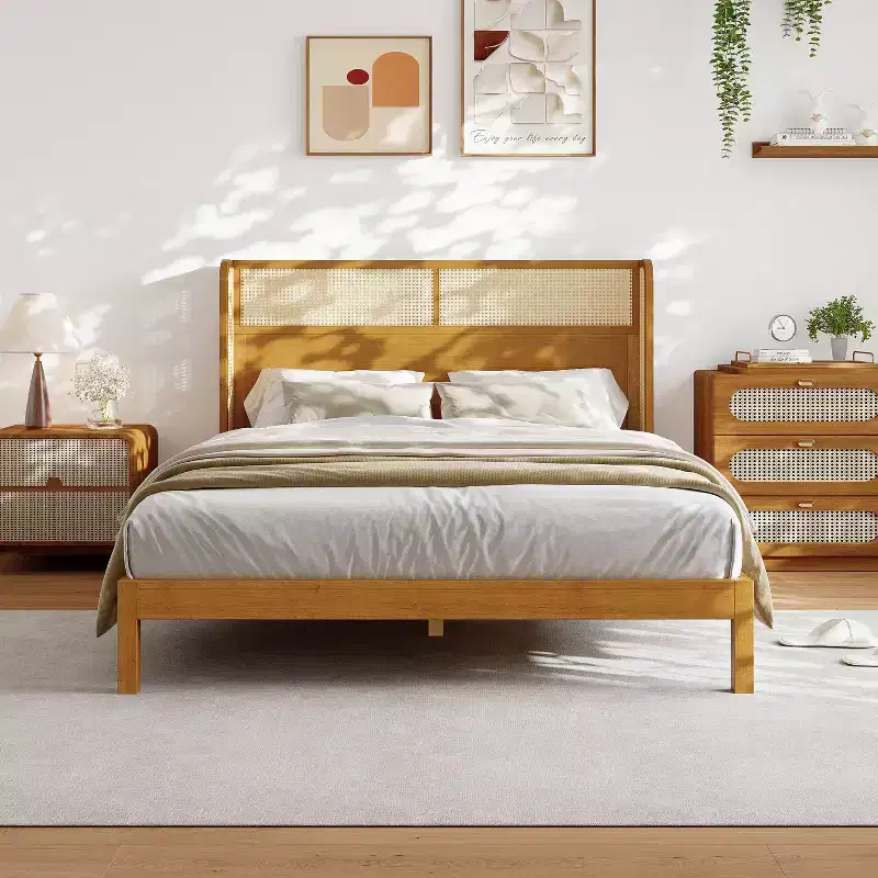 King/Queen Platform Bed Frame with Headboard, Mid Century Modern Rubber Wood Bed for Bedroom, Natural