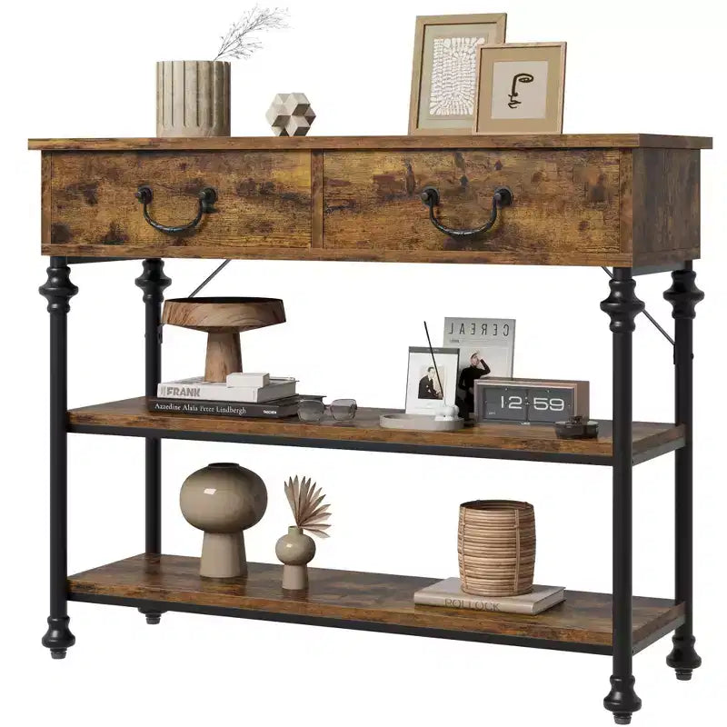Slim Console Table with 2 Drawers and Open Shelves, Brown