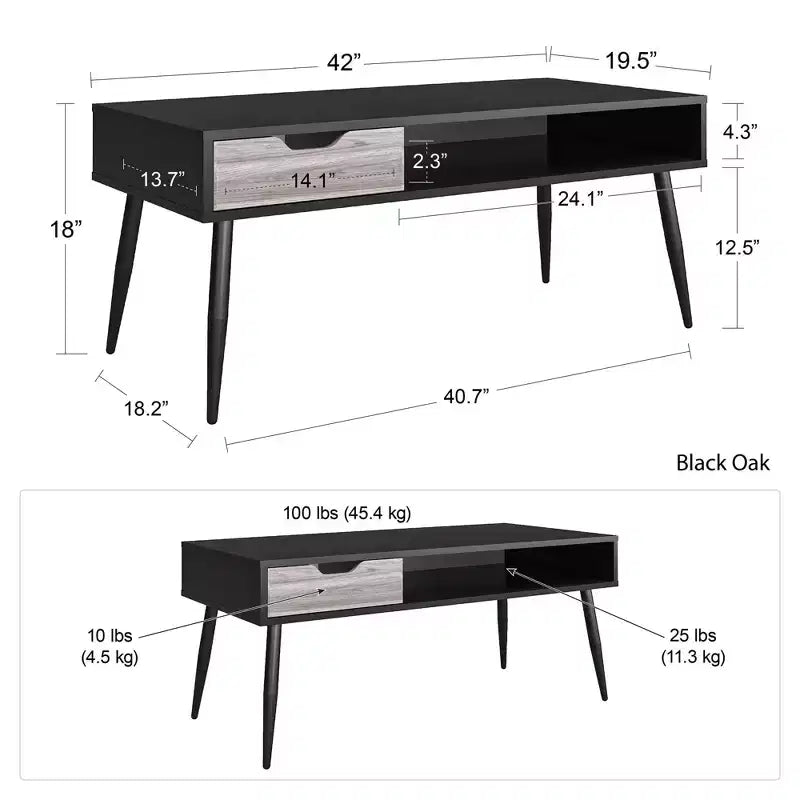 Rectangular Coffee Table with Drawer and Open Cubby, Black
