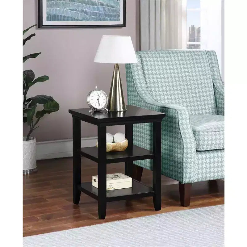 End Table with Lower and Middle Shelf, Transitional Rubberwood Side Table, Black
