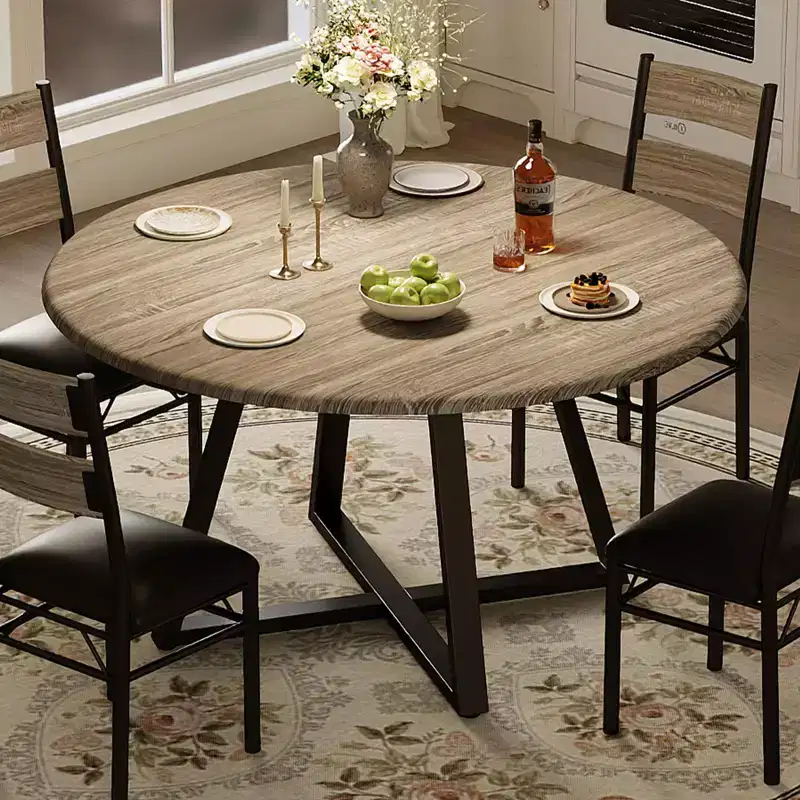 5-Piece Round Dining Table Set for 4, Sturdy Wooden Kitchen Table and 4 Upholstered Chairs, Space-Saving Circle Dinner Table Set for Dining Room