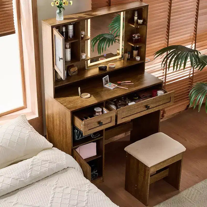 Whisen Farmhouse Makeup Vanity Desk, Dressing Table Set with Mirror, Stool, Drawers, Shelves and Side Cabinet