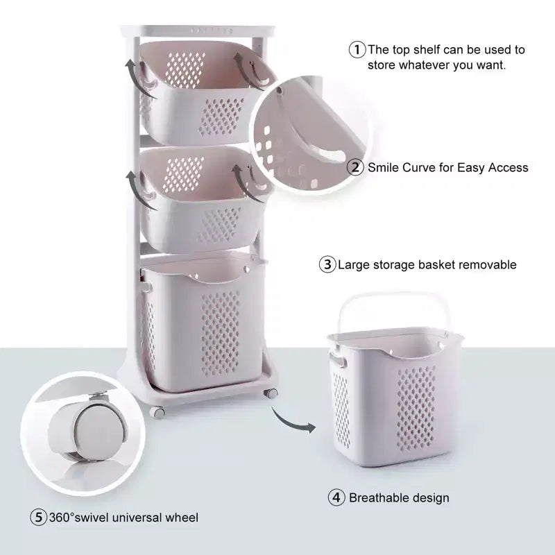JVNOXK 4-Tier Laundry Basket Sorter, Rolling Laundry Storage Organizer with Removable Wheels, Bathroom Dirty Clothes Cart, White