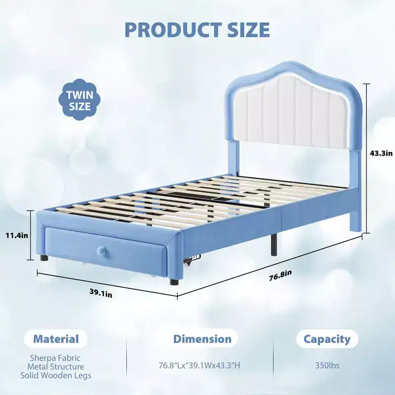 Upholstered Bed Frame With Storage Drawer and Smart Led Headboard, Princess Twin Size Platform Bed Frames for Kids/Girls