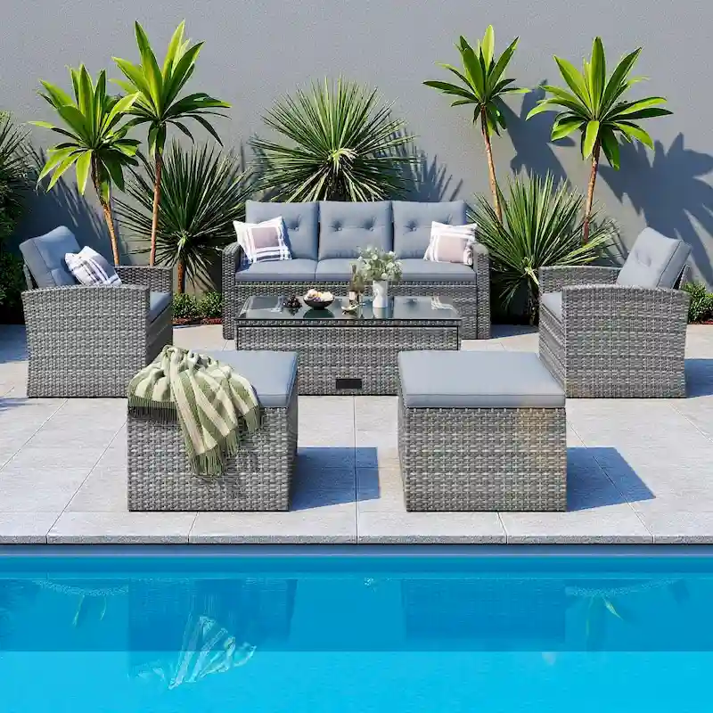6-Pieces Outdoor Rattan Conversation Sofa Set with Coffee Table and 2 Ottoman