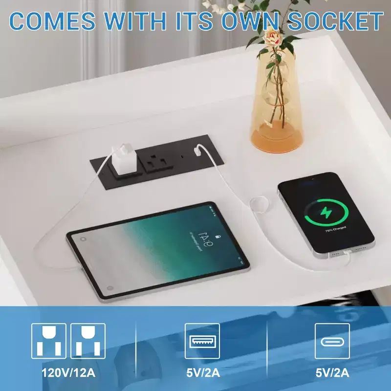 Nightstands Set of 2, TruAIR Rattan Beside Table with Drawer & Charging Station, White Wood End Table