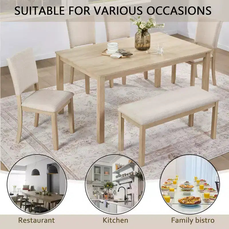 Fen Modern 6-Piece Dining Set with Wooden Rectangular Table, 1 Bench, and 4 Linen Upholstered Chairs