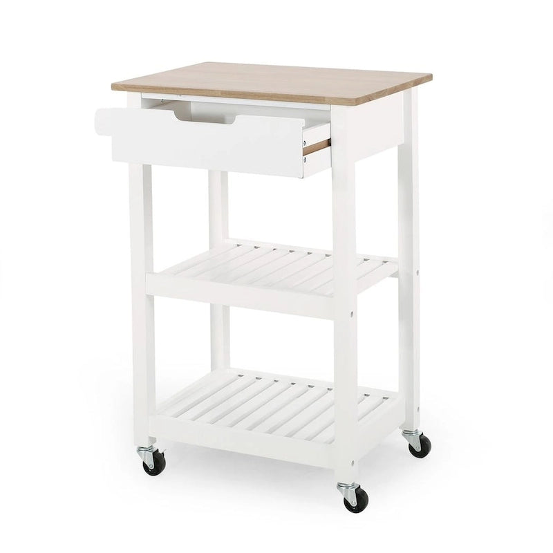 Compact Rolling Kitchen Cart with Rubberwood Top Drawer 2 Slatted Shelves and Towel Rack