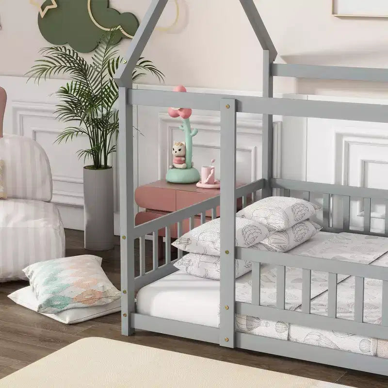 Bellemave Full Size House Floor Bed with Roof FrameSafety Guardrails,Wooden House Floor Bed with FenceBox Spring Not Required