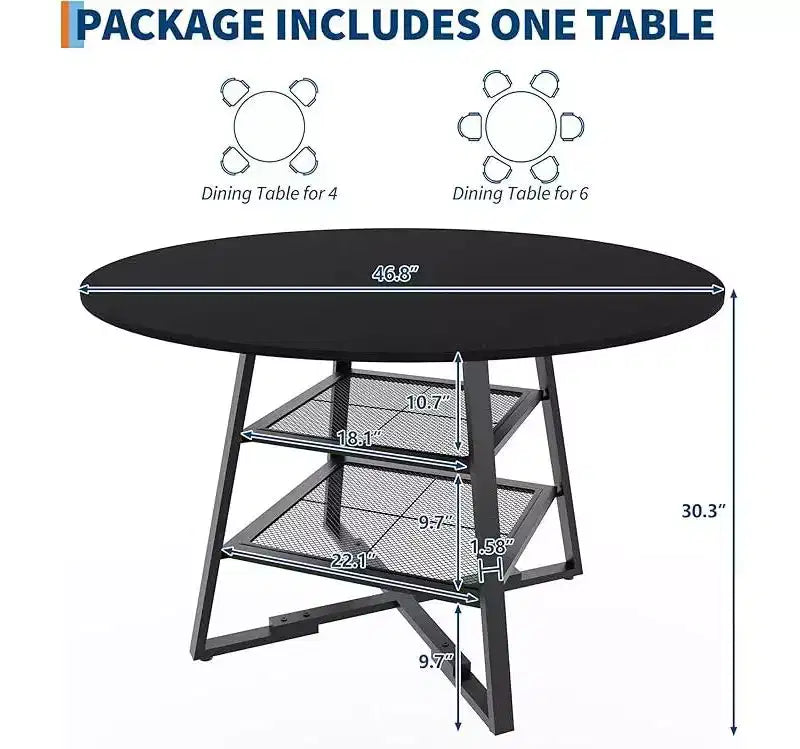 Dining Room Round Table Set for 4-6, Circle Kitchen Dining Table with Metal Base, 47 Inch Wooden Round DiningTable