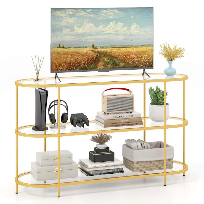 3-Tier TV Stand for TVs up to 65 with Tempered Glass Shelves - Gold