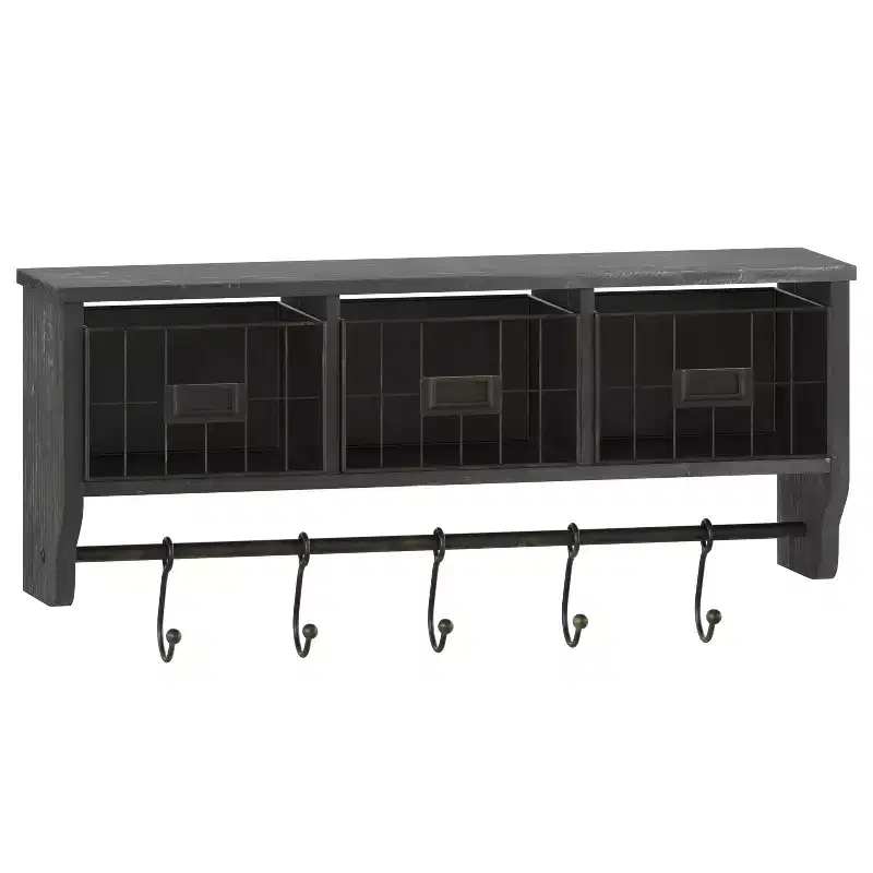 Wall Mount 24 Inch Solid Pine Wood Storage Rack with Upper Shelf, 5 Hooks, and Wire Baskets
