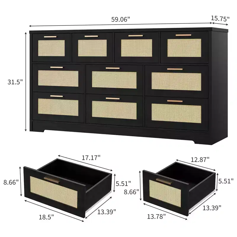 Rattan Dresser for Bedroom with 10 Drawer, Large Wood Chest of Drawers with Gold Metal Handles, Boho Wide Dresser for Bedroom, Living Room