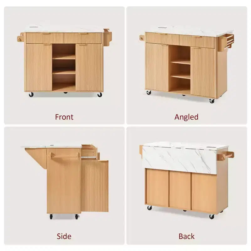 52-Inch Fluted Kitchen Island Cart with Power Outlet and Faux Marble Drop Leaf
