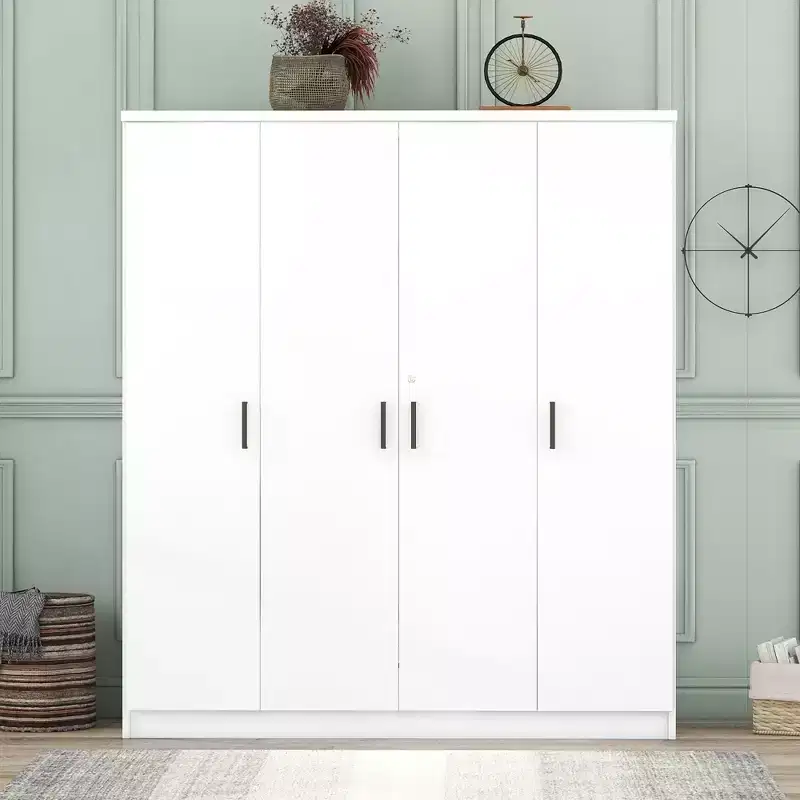 Wood 4-Door Wardrobe Armoire with Hanging Rod, 1-Drawer and Storage Shelves