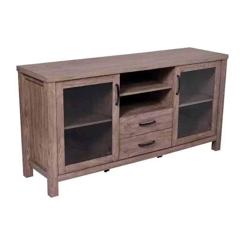 Merrick Lane Two-Drawer Engineered Wood Buffet Sideboard Cabinet with Open Shelf, Two Tempered Glass Cabinet Doors for Dining Room/Kitchen