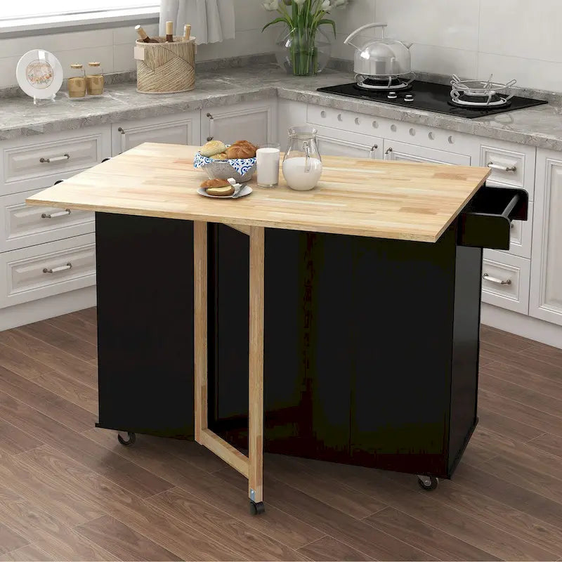 Rolling Kitchen Island Cart with Folding Top Drawers and Spice Rack