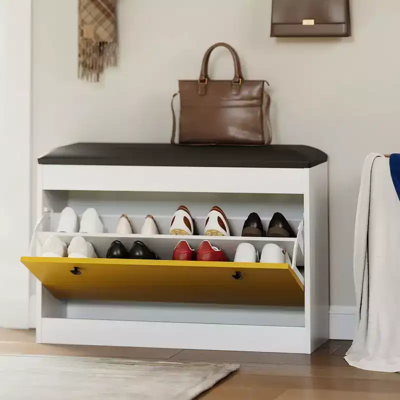 31.5 Shoe Storage Bench - Flip-Drawer Organizer w/PU Cushion for Entryway, Hallway & Living Room