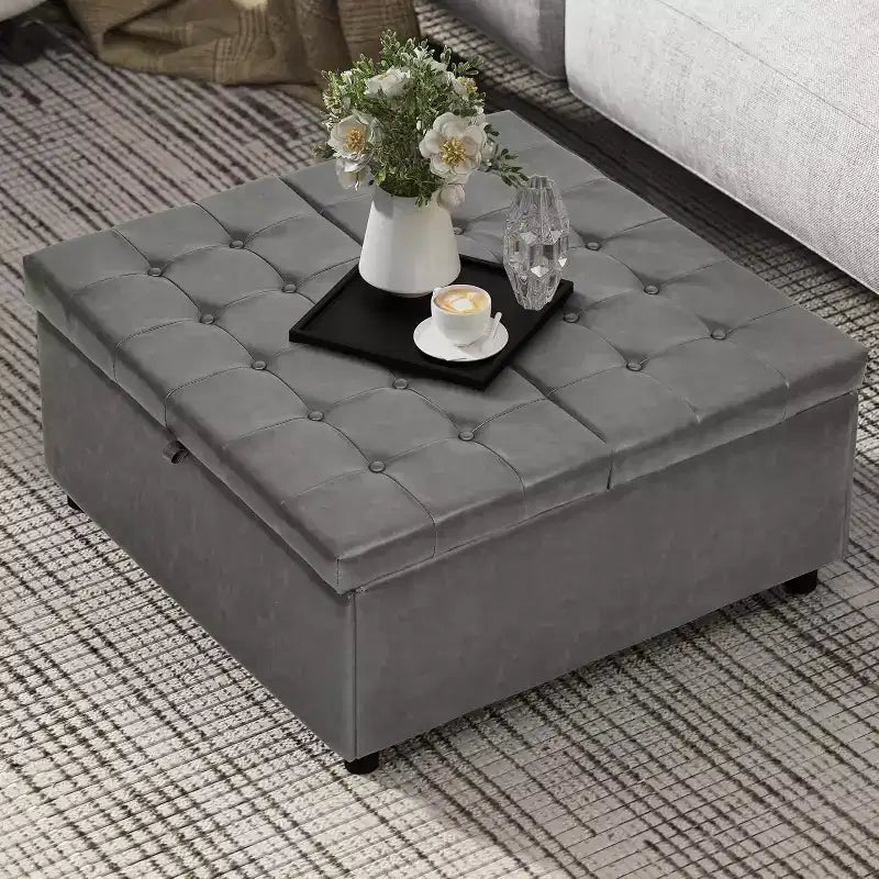 35.5 Inch Square Storage Ottoman Coffee Table - 500 lb Capacity, Gray Faux Leather