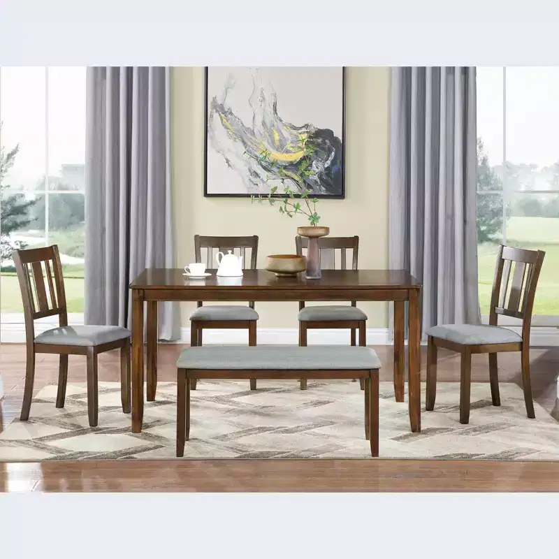 sumyeg 6 Piece Rectangular Dining Table Set with Chairs and Bench for Kitchen or Dining Room