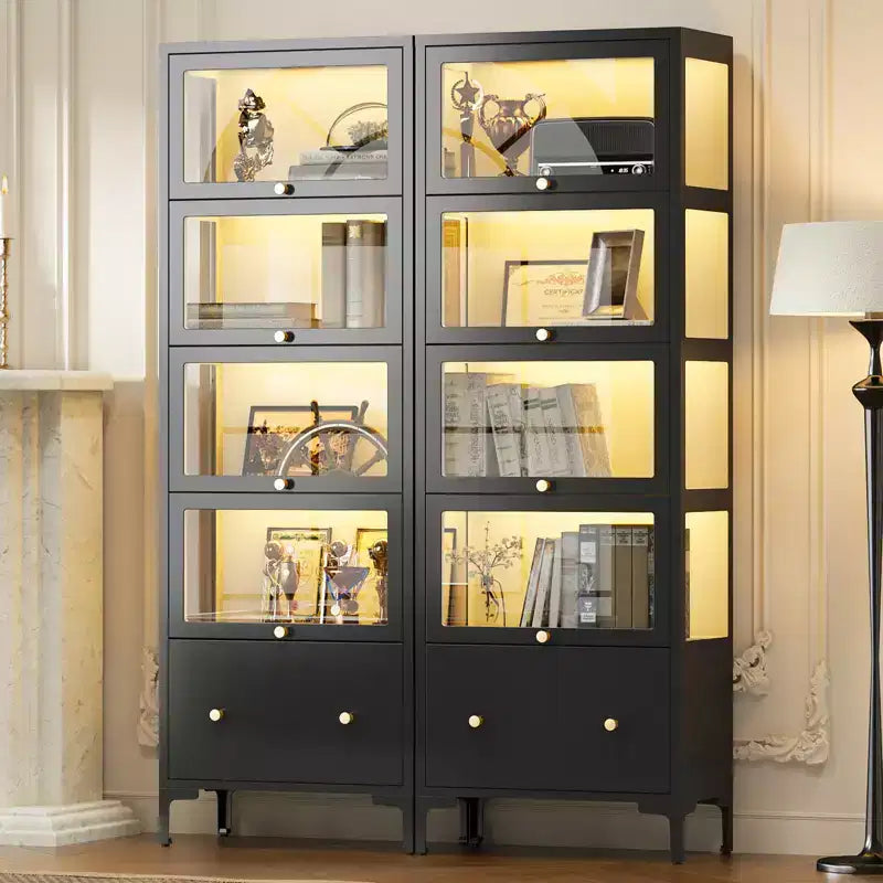 Bekrvio 67 Glass Doors Display Cabinet with Drawer & 13-Color RGB LED Lights, 5-Tier Metal Curio Cabinet for Collectibles, Figure, Toys, Books