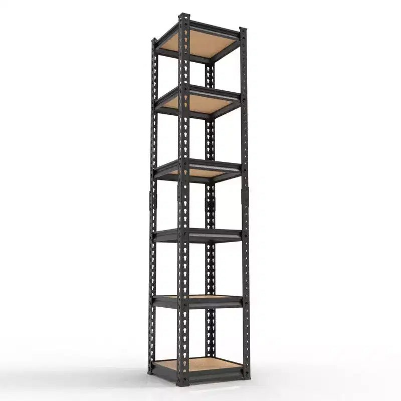 6-Tier Adjustable Steel Storage Shelf with Wood-Tone Shelves