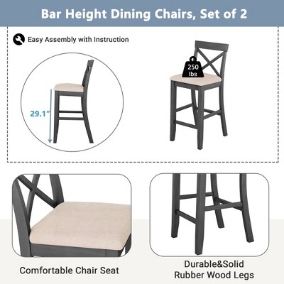 3-Piece Farmhouse Bar Height Dining Table Set Kitchen Breakfast Nook Counter Height Dining Set Small Dinette with 2 Cushioned Chairs-HABITRIO