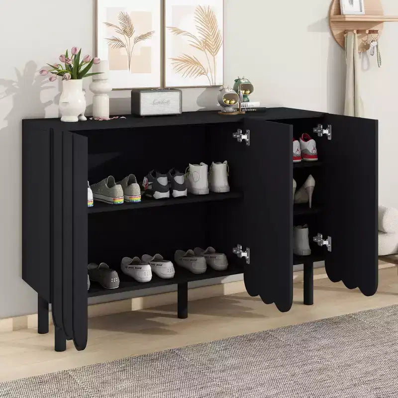 Cream Style Minimalist Shoe Cabinet with 5 Solid Wood Legs, Sideboard Buffet Cabinet with Adjustable Shelves and Wave Doors 4B - ModernLuxe