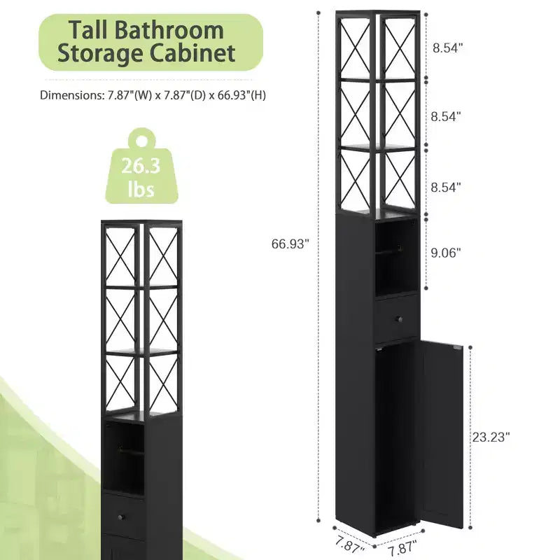 VECELO Tall Bathroom Cabinet with Adjustable Shelves, Slim Storage Cabinet with Toilet Paper Scroll & Small Drawer, Black/White