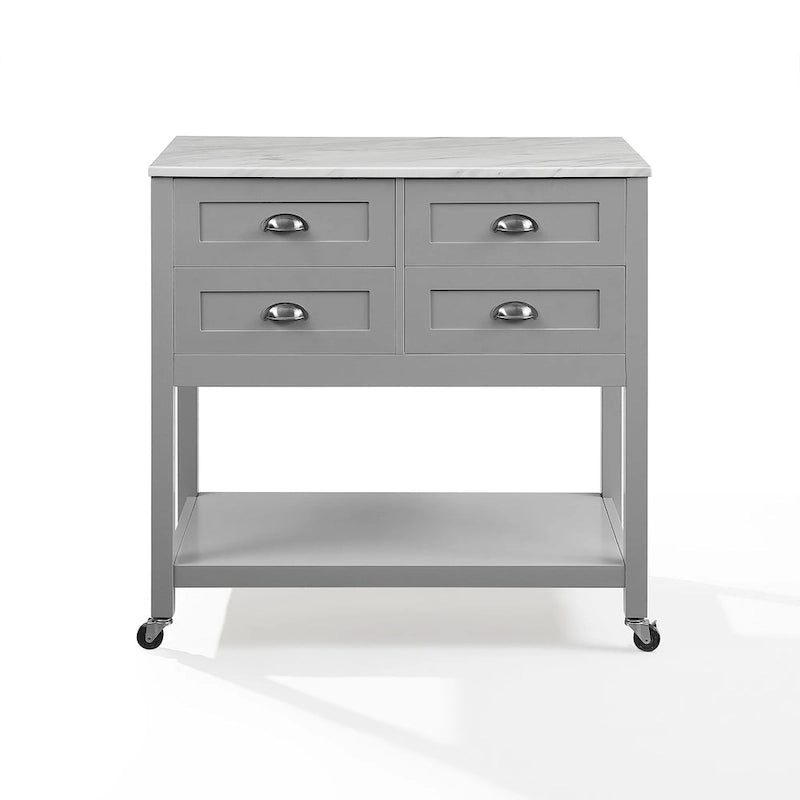 Modern Farmhouse Kitchen Island Cart with 4 Drawers Faux Marble Top and Casters