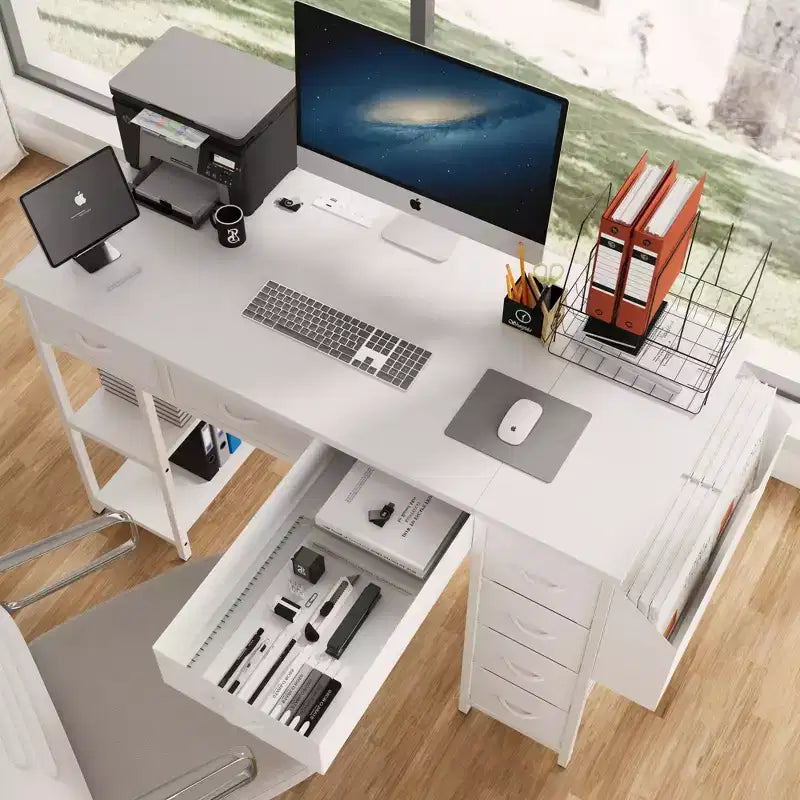 Modern Home Office Computer Desk with Drawers & Shelves, Writing Desk with Side Bag for Study & Office