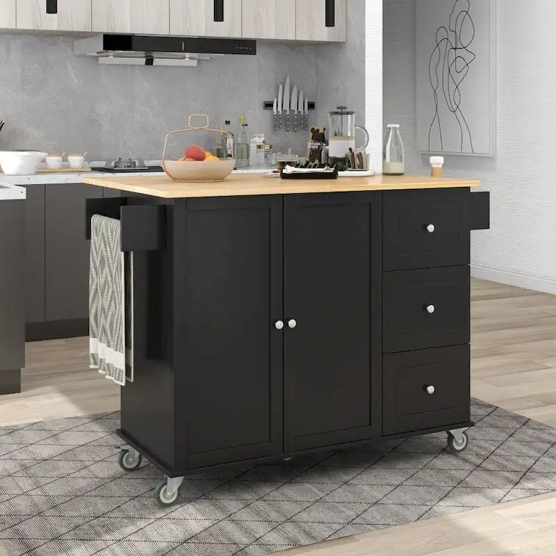Rolling Kitchen Island with Drop Leaf Breakfast Bar Solid Wood Top 3 Drawers and Spice Rack