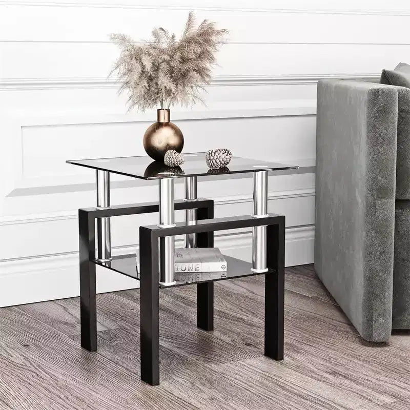 Modern 2-Tier Square Coffee Table with Tempered Glass Top