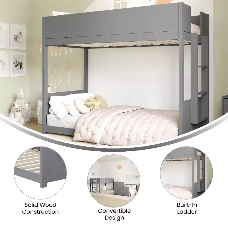 Emma and Oliver Kids Bunk Bed with Convertible, Solid Wood Frame and Easy-to-Climb Ladder with No Box Spring Required