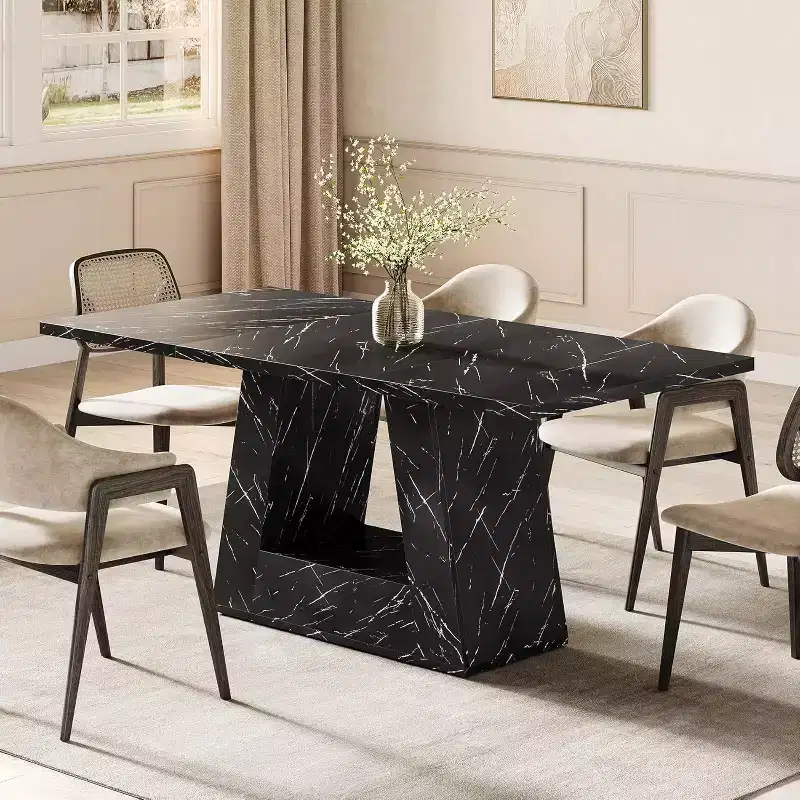 Lantine 63-Inch Dining Table for 4-6 People, Dining Room Table with Wooden Triangle Pedestal Base for Kitchen, Living Room, Black Faux Marble