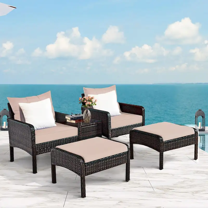 Costway 5 PCS Rattan Wicker Furniture Set Sofa Ottoman W/Brown Cushion